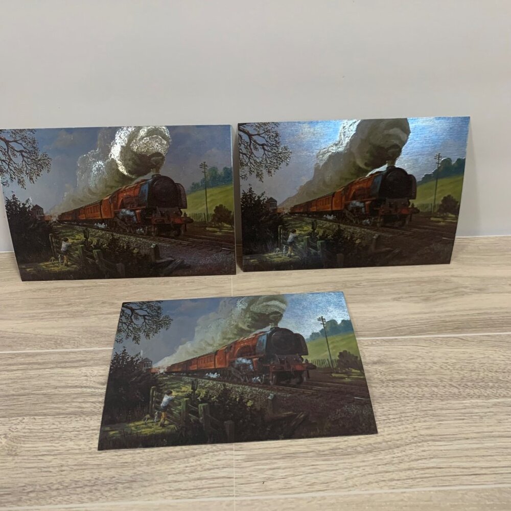 Vintage Dufex Royal Stationery Colorful Steam Train Country Scene Set Of 3